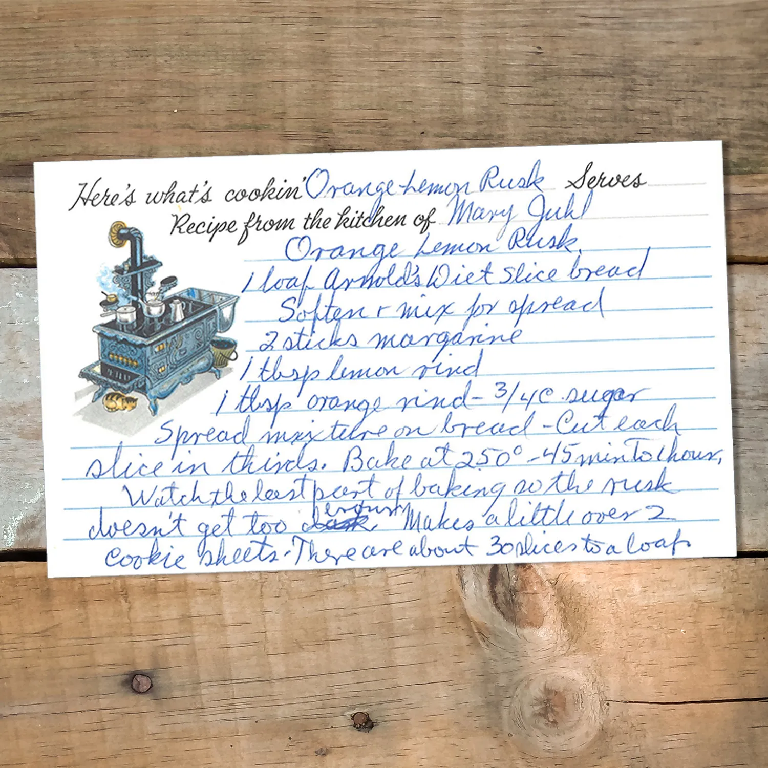 Handwritten recipe card for Orange-Lemon Rusk