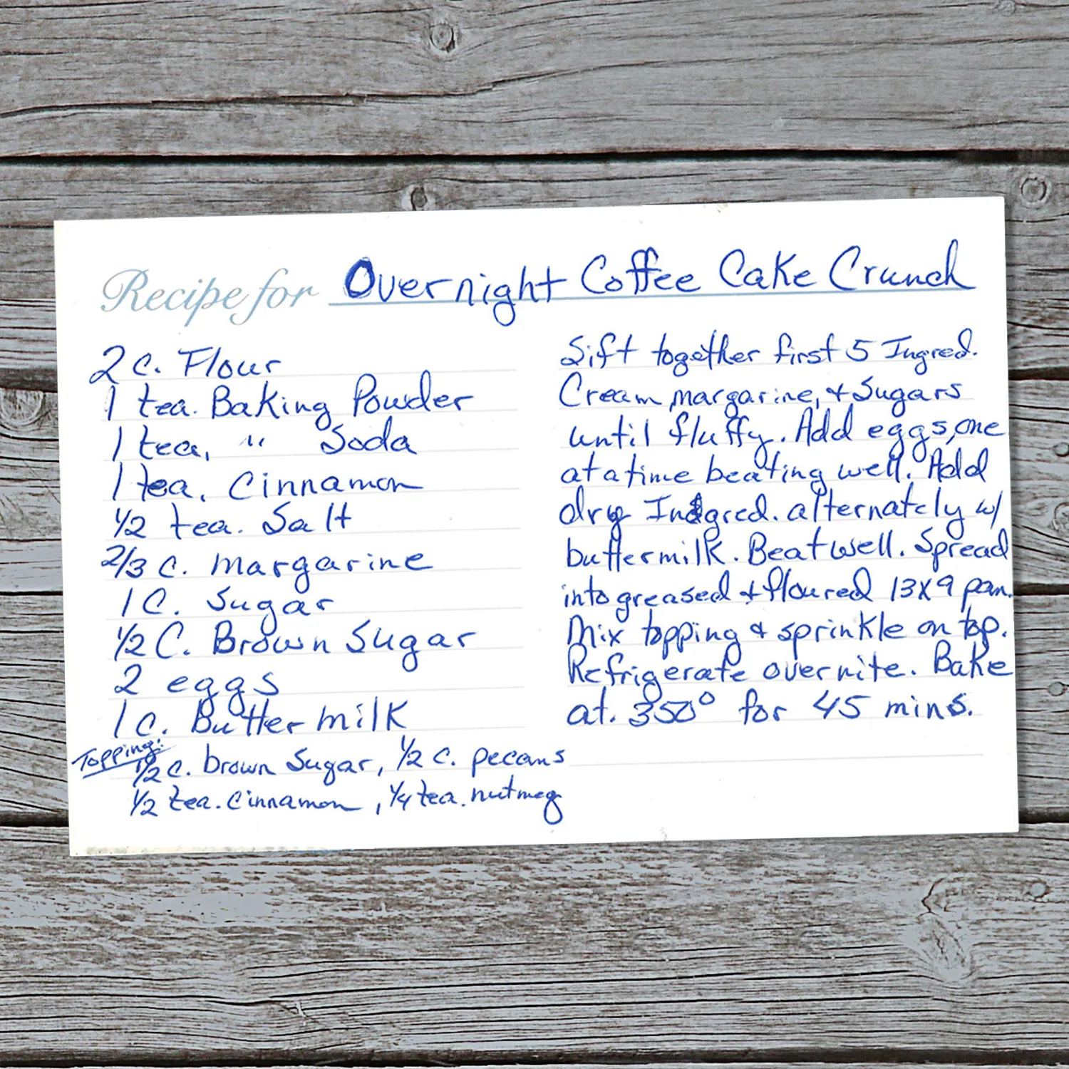 Handwritten recipe for Overnight Coffee Cake Crunch