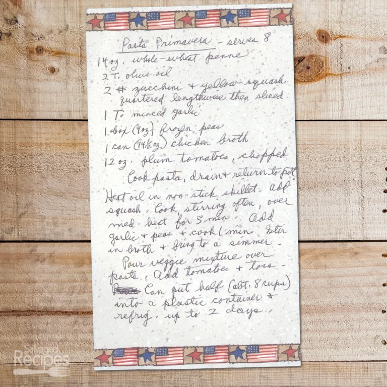 Handwritten recipe for Pasta Primavera