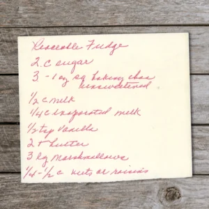 Handwritten recipe for Peaceable Fudge
