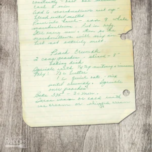 Handwritten recipe for Peach Crumble