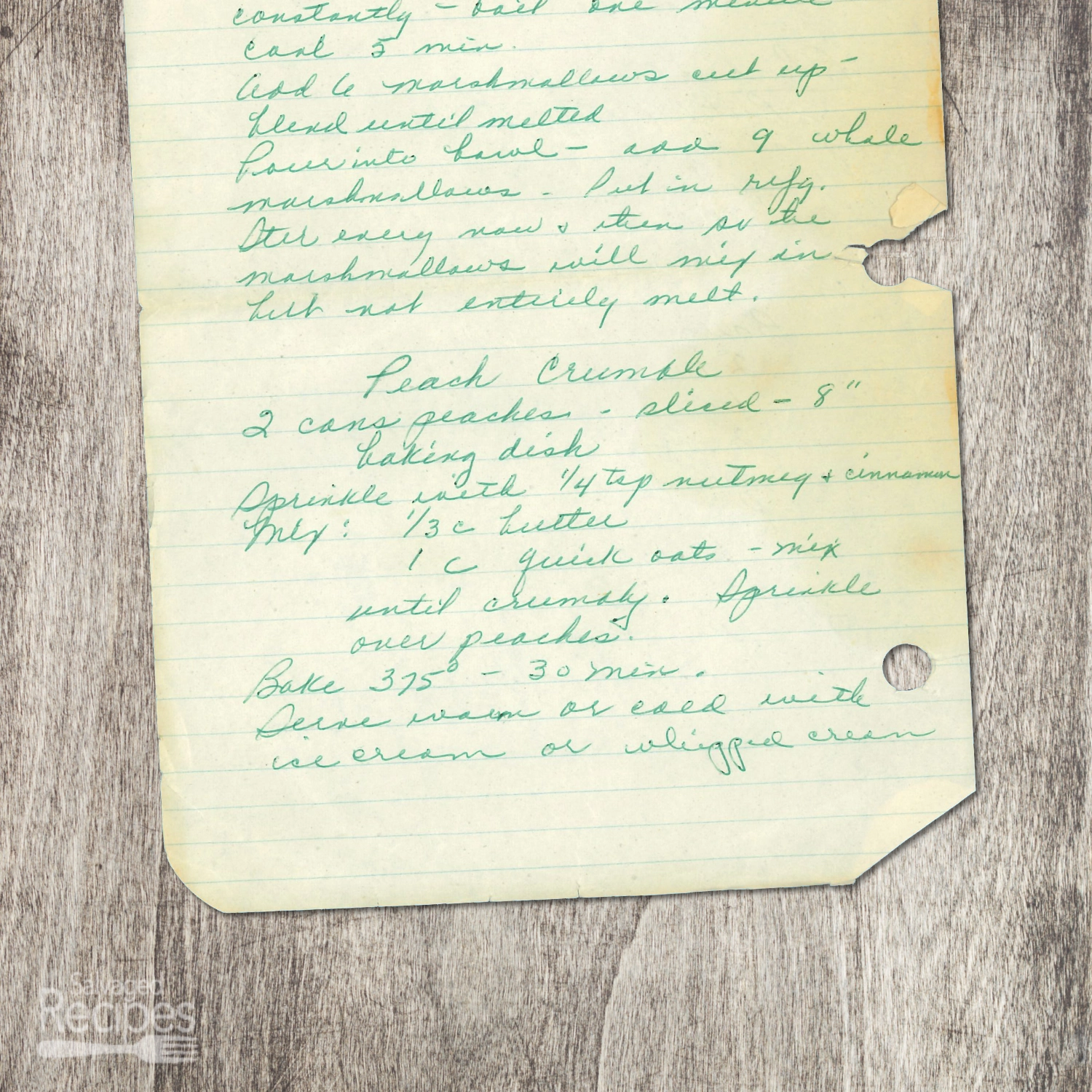 Handwritten recipe for Peach Crumble