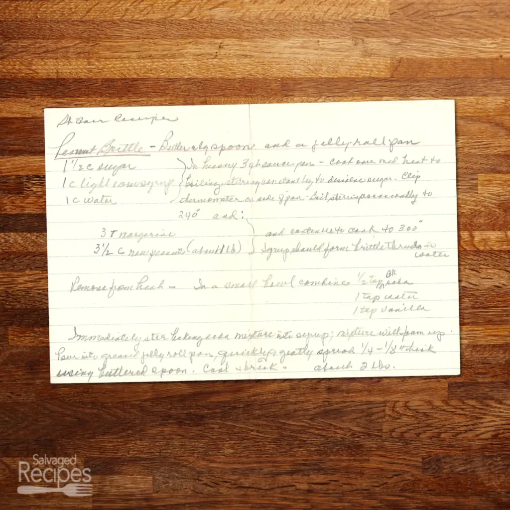 Handwritten recipe card for Peanut Brittle
