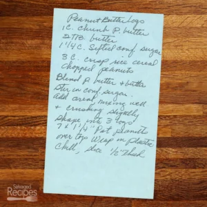 Handwritten recipe for Peanut Butter Logs