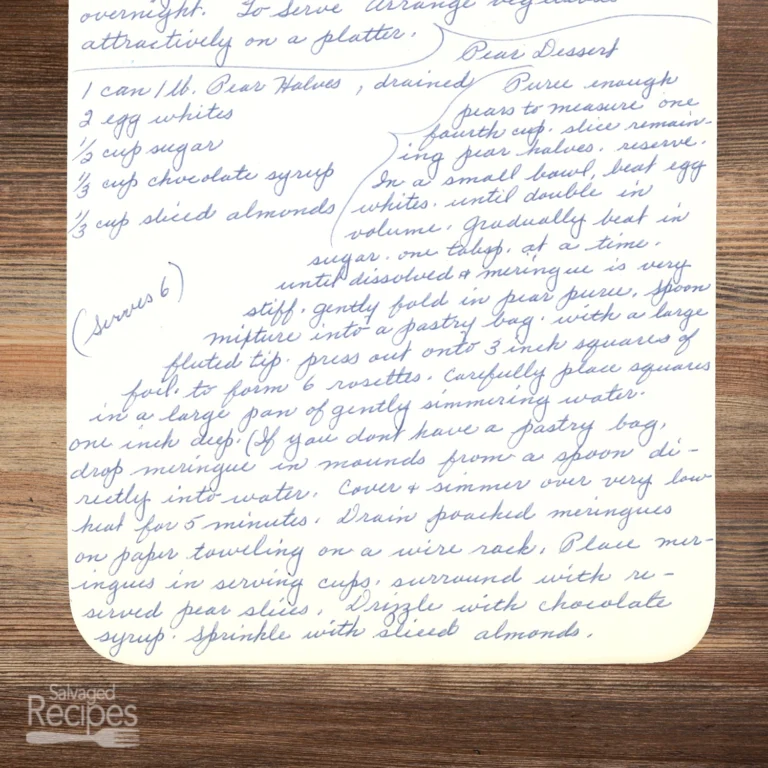 Handwritten recipe for Pear Dessert