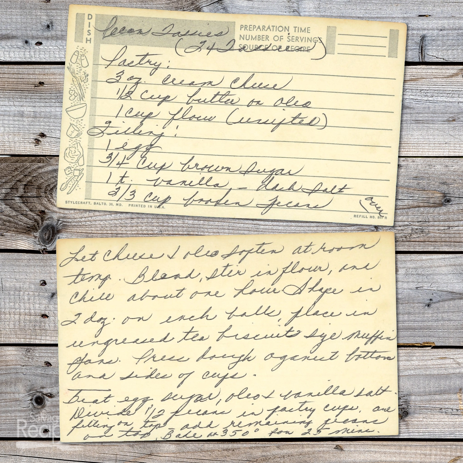 Handwritten recipe card for Pecan Tassies