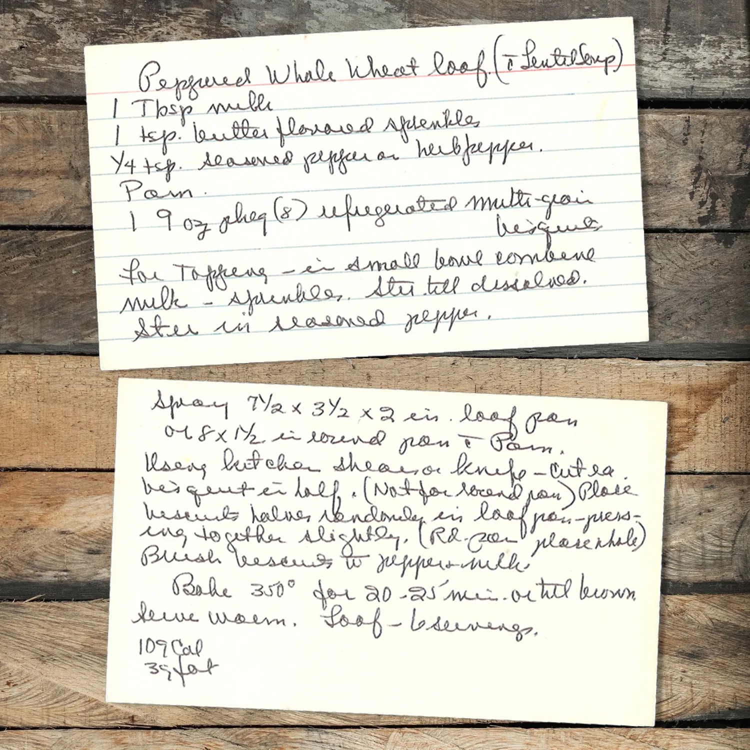 Handwritten recipe card for Peppered Whole Wheat Loaf