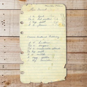 Handwritten recipe for Cream Custard Pie with Lard Crust