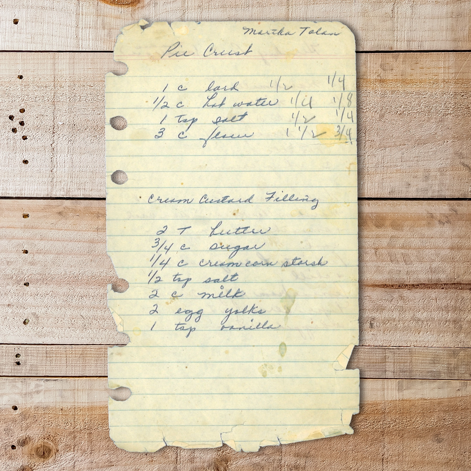 Handwritten recipe for Cream Custard Pie with Lard Crust