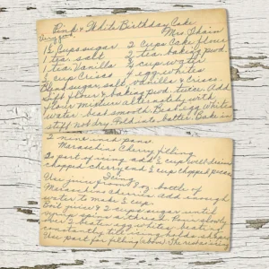 Handwritten recipe card for Pink & White Birthday Cake from MRs. Thain