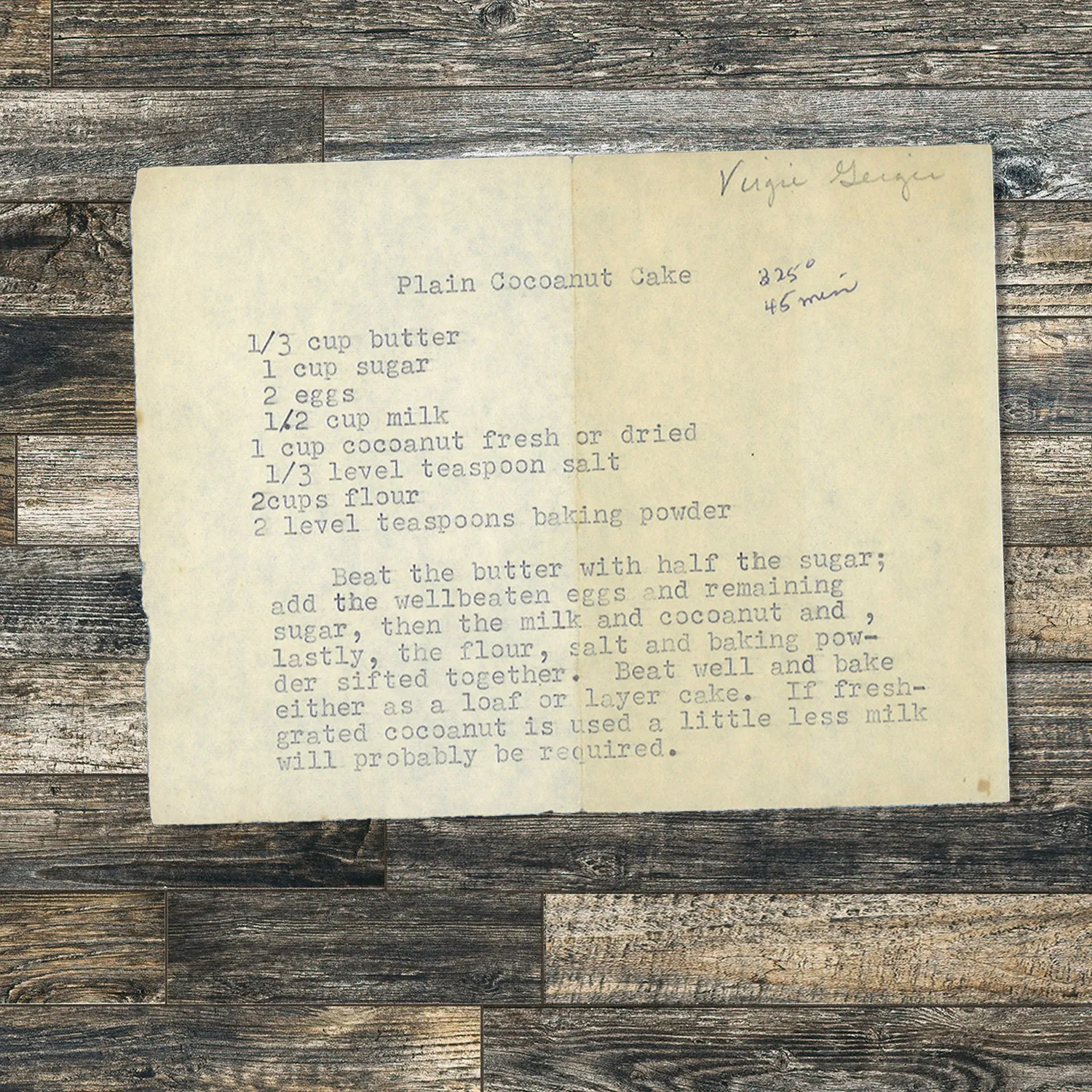 Typed recipe for Plain Coconut Cake