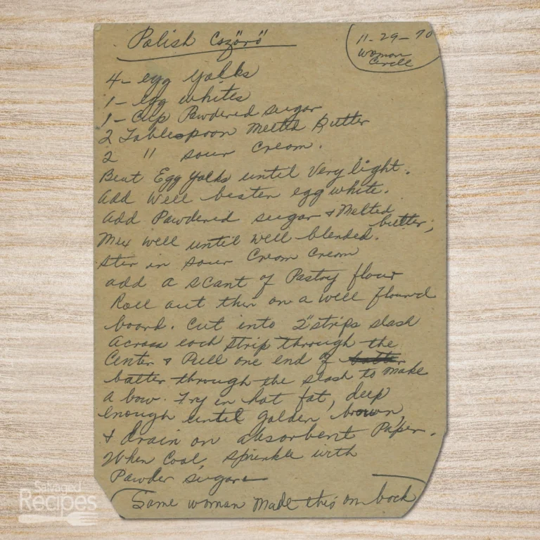 Handwritten recipe for Polish Csöröge (Chruściki)