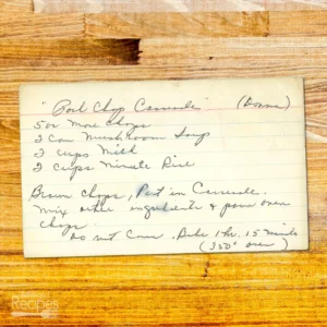 Handwritten recipe card for Pork Chop Casserole from Donna