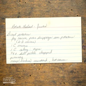 Handwritten recipe card for Potato Salad from Justin