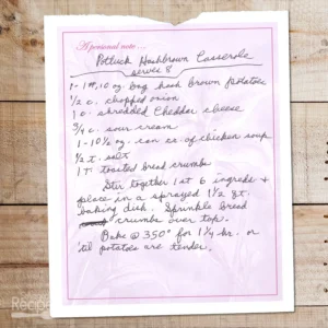 Handwritten recipe for Potluck Hashbrown Casserole