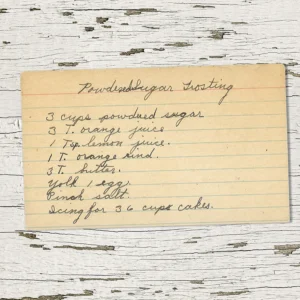 Handwritten recipe card for Powdered Sugar Frosting