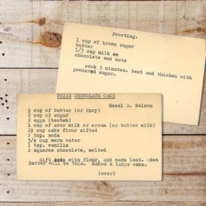 Handwritten recipe card for Prize Chocolate Cake