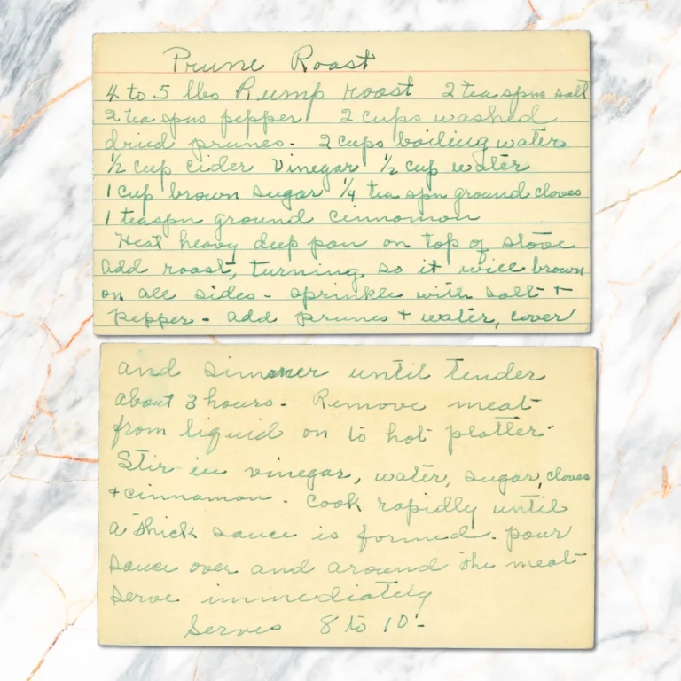 Handwritten recipe card for Prune Roast