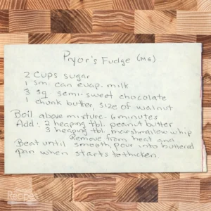 Handwritten recipe for Pryor's Fudge