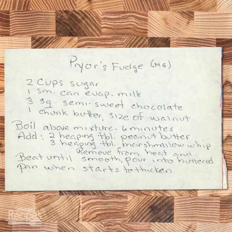 Handwritten recipe for Pryor's Fudge