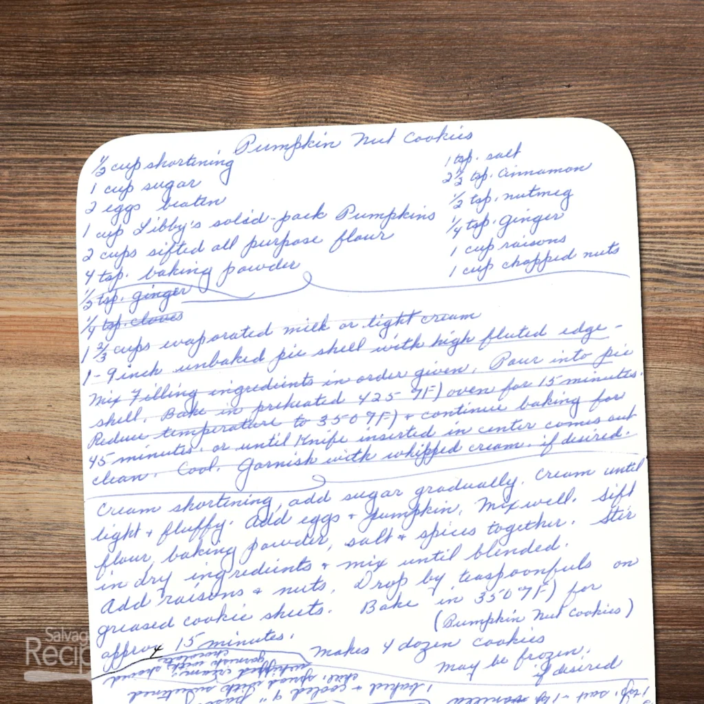 Handwritten recipe for Pumpkin Nut Cookies