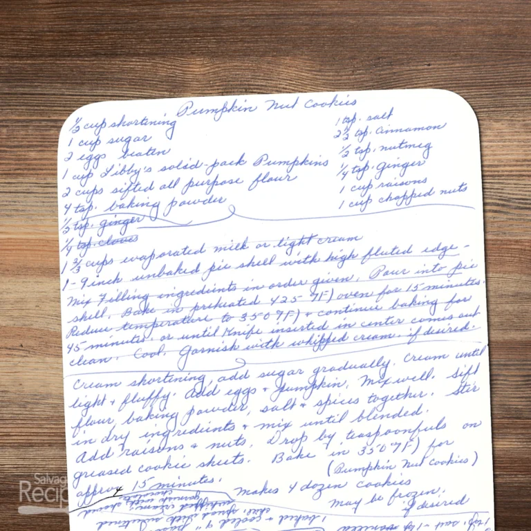Handwritten recipe for Pumpkin Nut Cookies