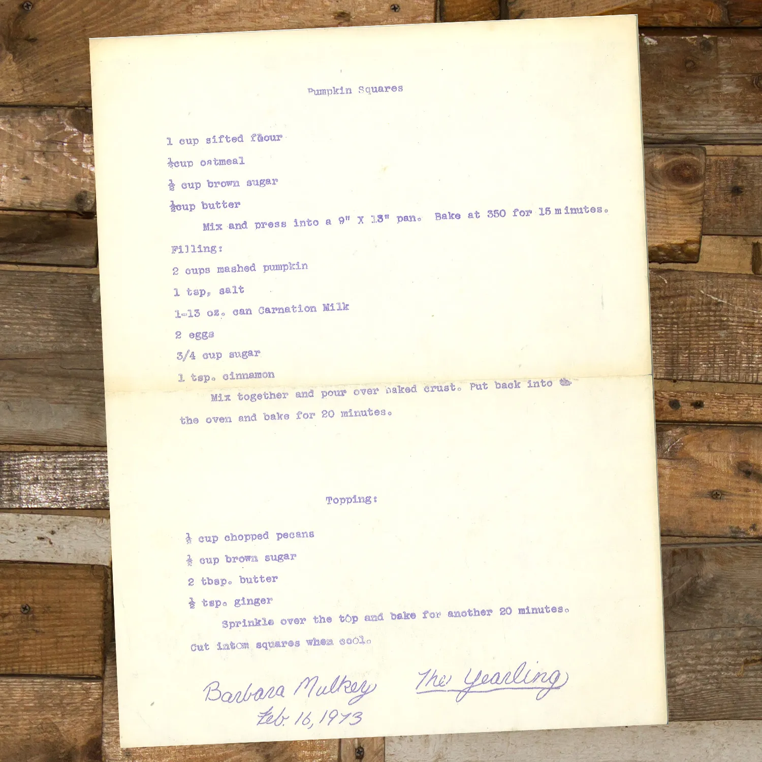 Pumpkin Squares with Pecan Ginger Topping from Barbara Mulkey