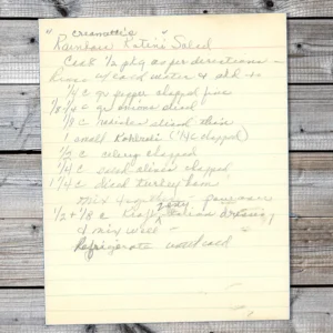 Handwritten recipe for Creamette's Rainbow Rotini Salad
