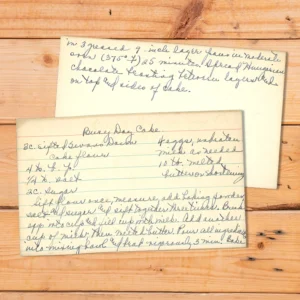 Handwritten recipe card for Rainy Day Cake