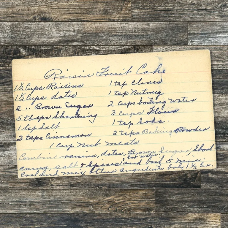 Handwritten recipe card for Raisin Fruit Cake