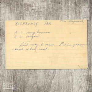 Handwritten recipe card for Raspberry Jam