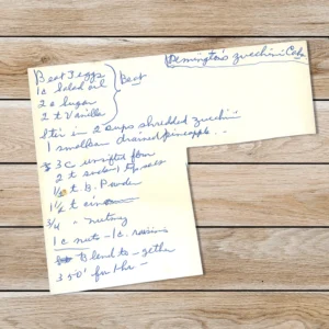 Handwritten recipe for Remington's Zucchini Cake