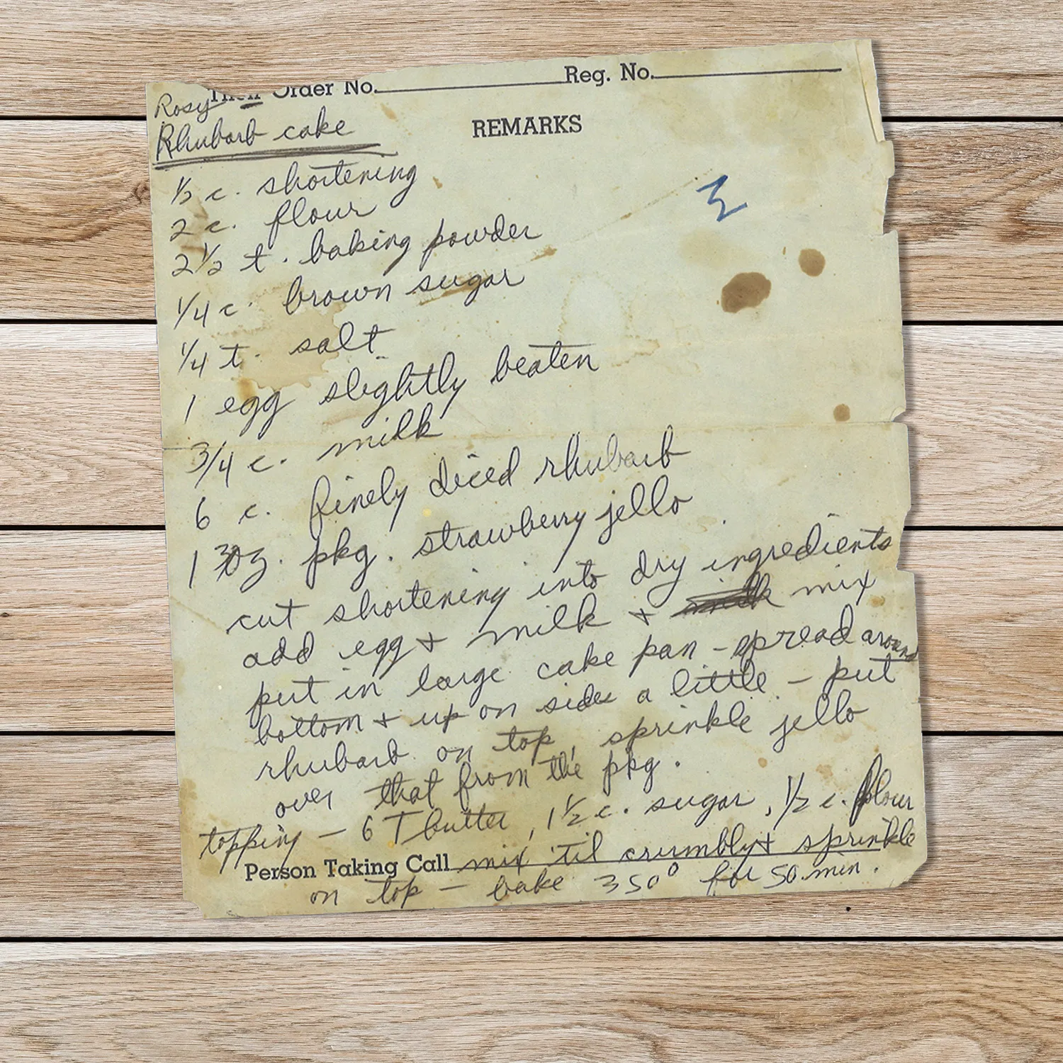 Handwritten recipe for Rhubarb Cake