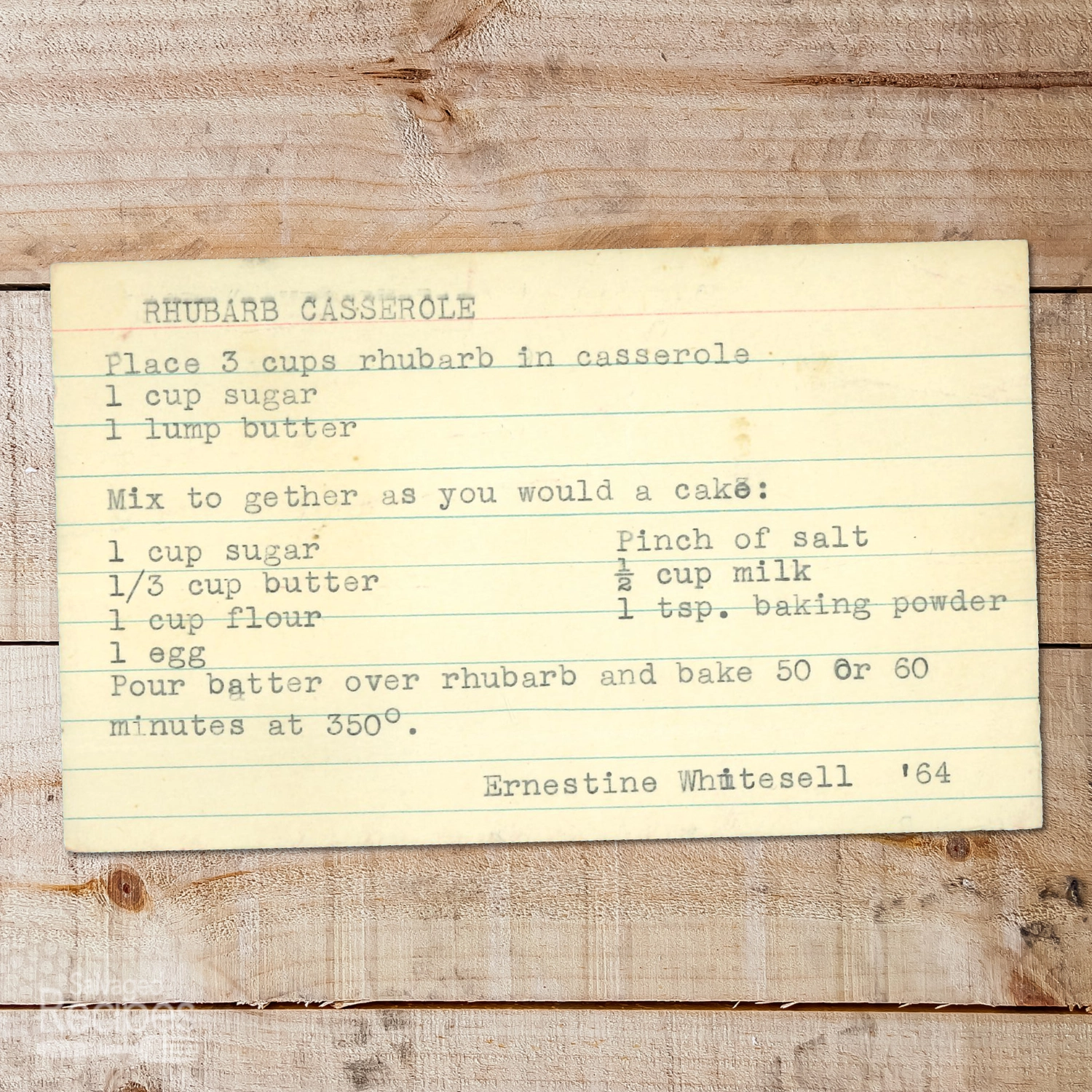 Typed recipe card for Rhubarb Cobbler from Ernestine Whitesell
