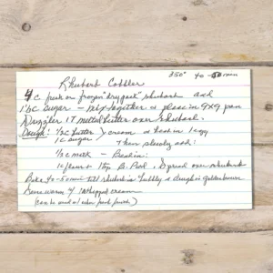 Handwritten recipe for Rhubarb Cobbler