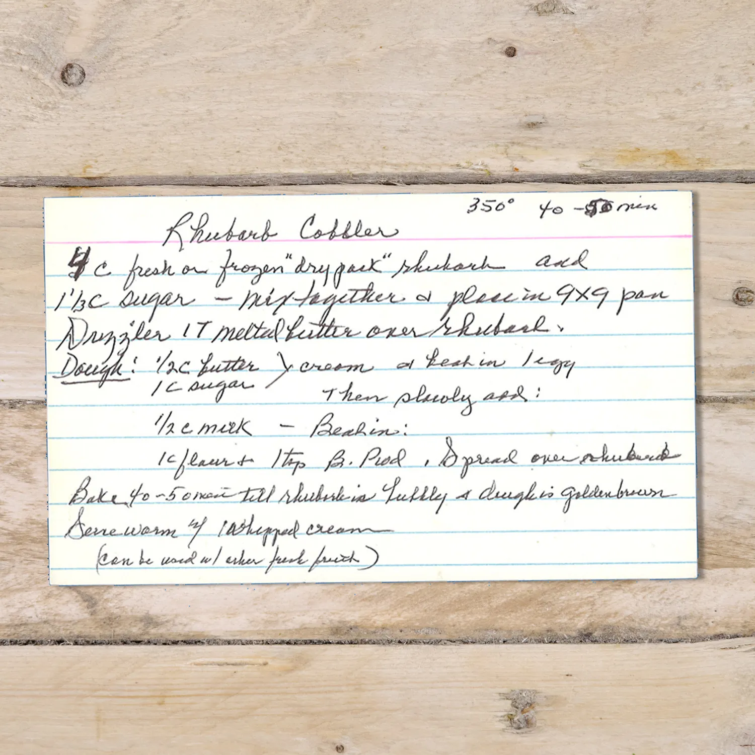 Handwritten recipe for Rhubarb Cobbler