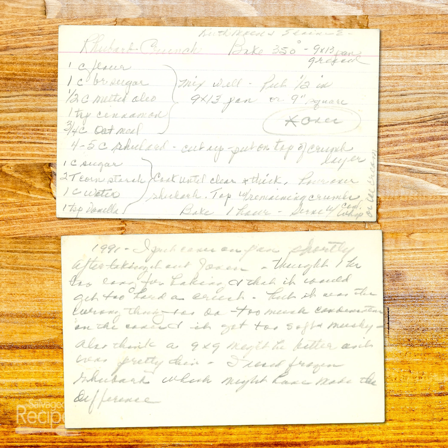 Handwritten recipe for Rhubarb Crunch