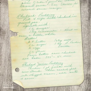 Handwritten recipe for Rhubarb Pudding