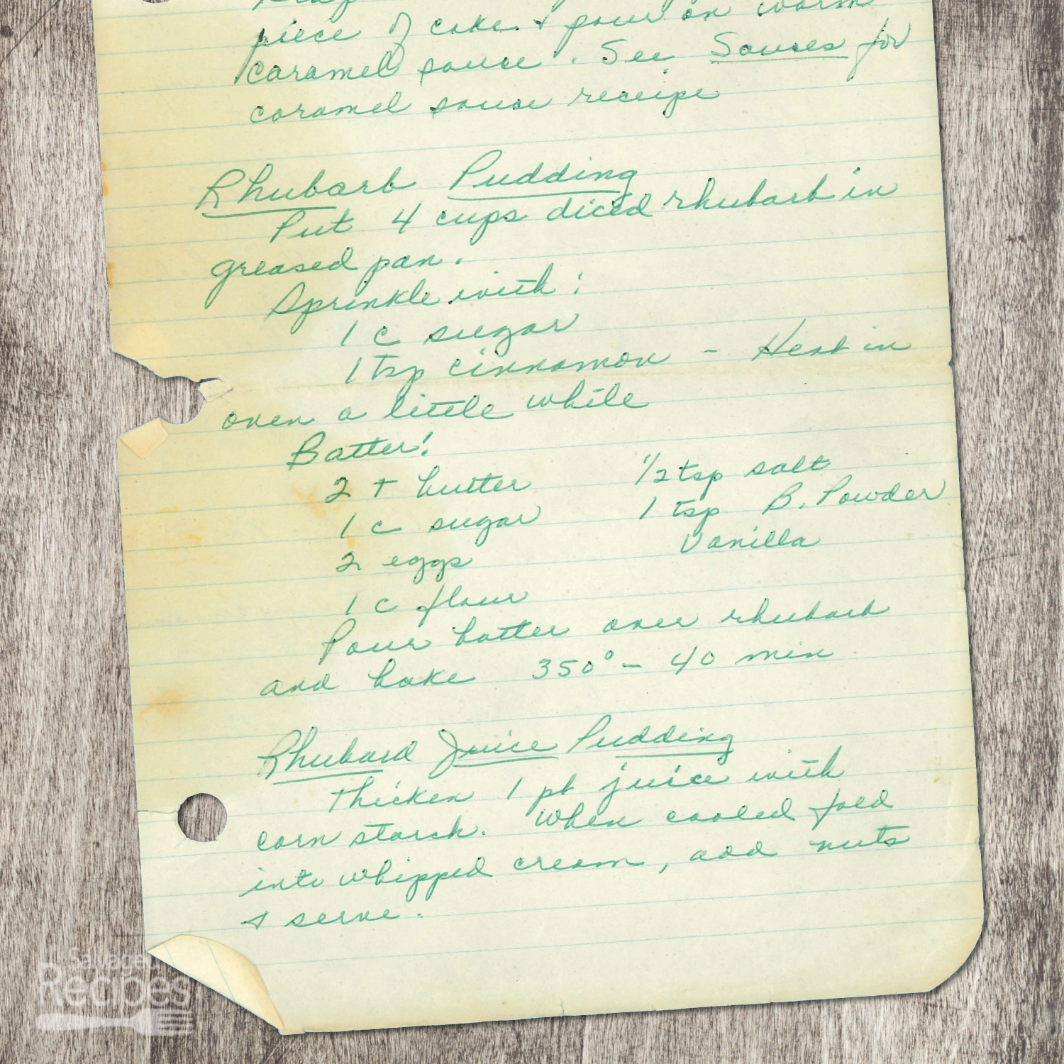 Handwritten recipe for Rhubarb Pudding
