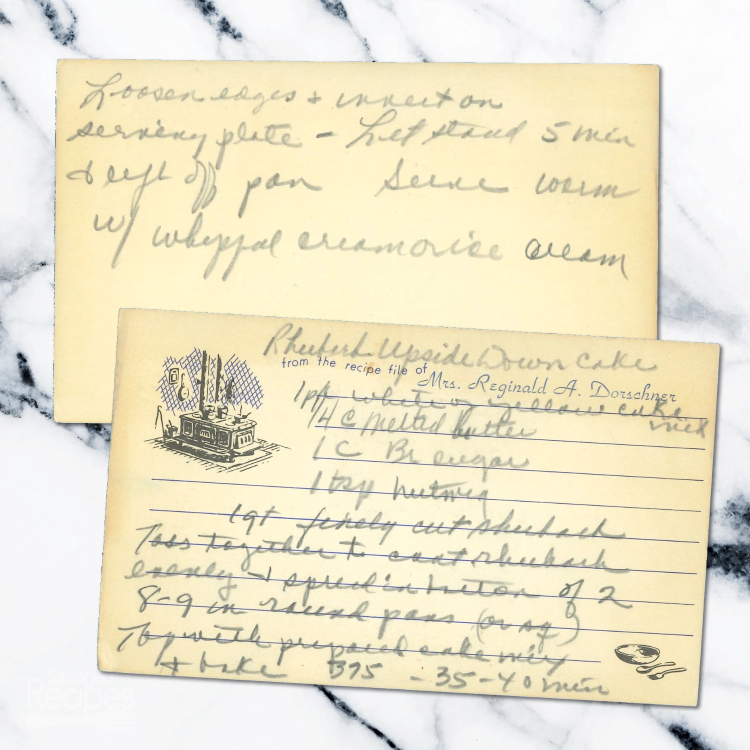 Handwritten recipe card for Rhubarb Upside Down Cake