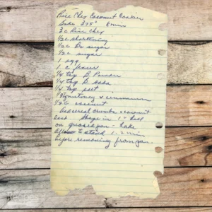 Handwritten recipe for Rice Chex Coconut Cookies