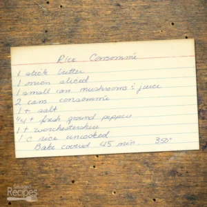 HAndwritten recipe card for Rice Consommé