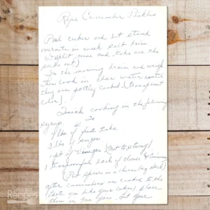 Handwritten recipe for Ripe Cucumber Pickles
