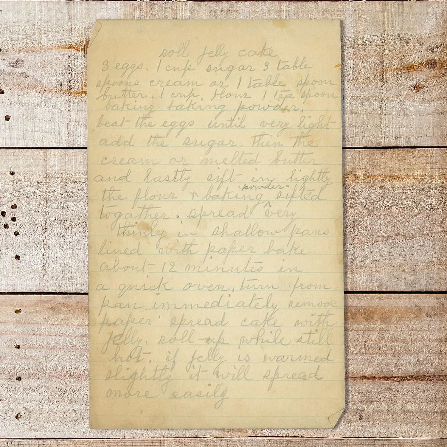 Handwritten recipe for Roll Jelly Cake