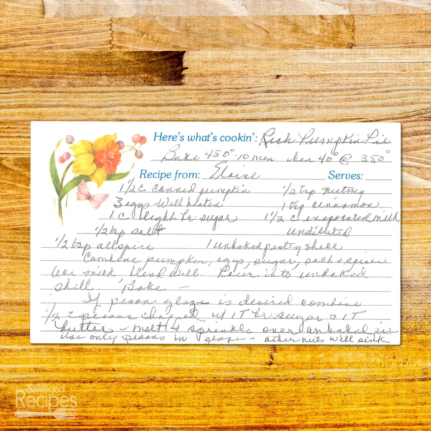 Handwritten recipe card for Rush Pumpkin Pie