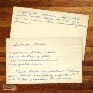 Handwritten recipe card for Salmon Steaks