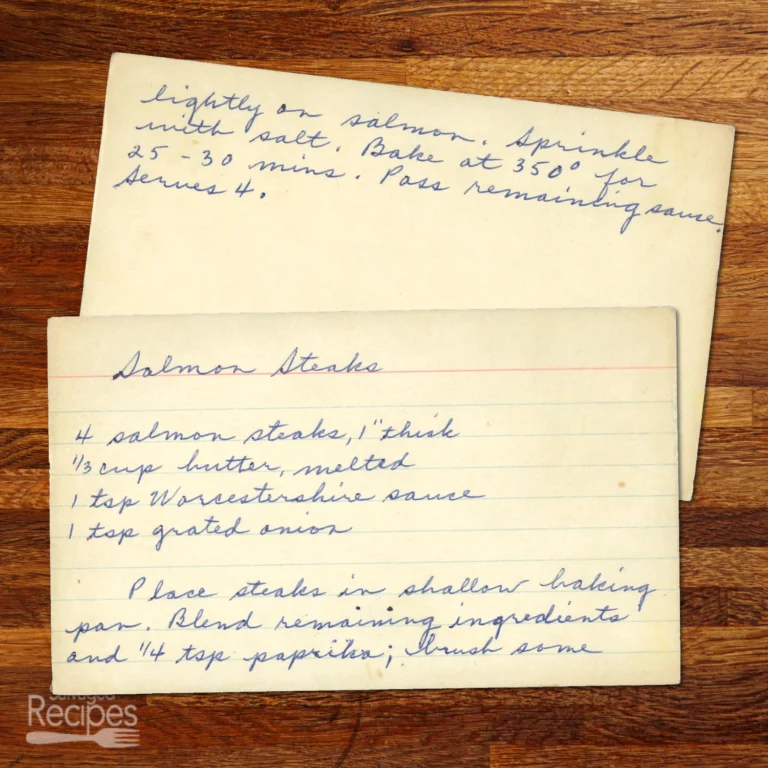 Handwritten recipe card for Salmon Steaks
