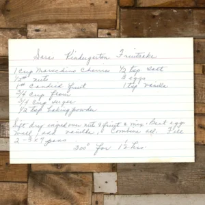Handwritten recipe card for Sara's Kindergarten Fruitcake