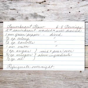 Handwritten recipe card for Sauerkraut Slaw
