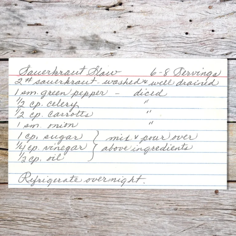 Handwritten recipe card for Sauerkraut Slaw